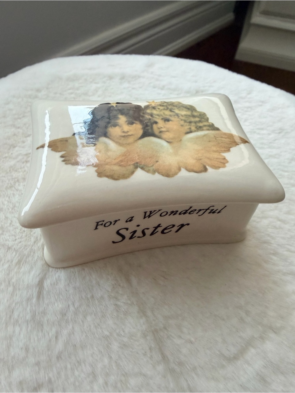 Vintage Ceramic White Mini Trinket Box Angel For A Wonderful Sister” Sister Gift